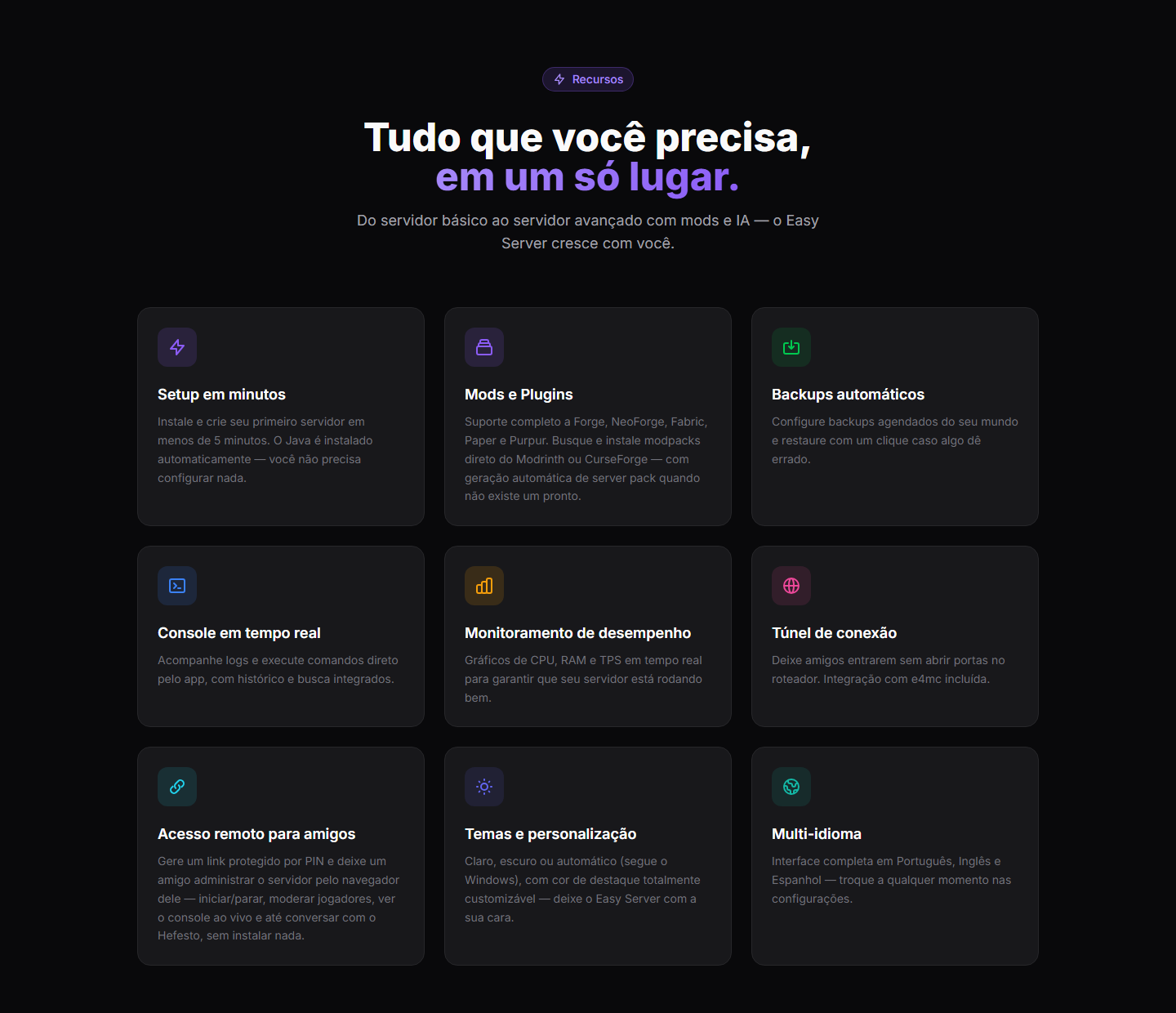 Seção de recursos do site easyserver.com.br