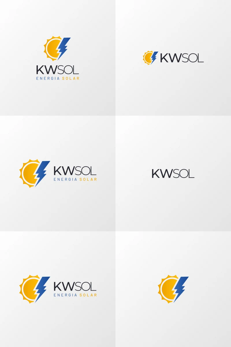 Grade com as seis variantes do logo KWSol: lockup completo, horizontal com e sem tagline, wordmark isolado e isotipo