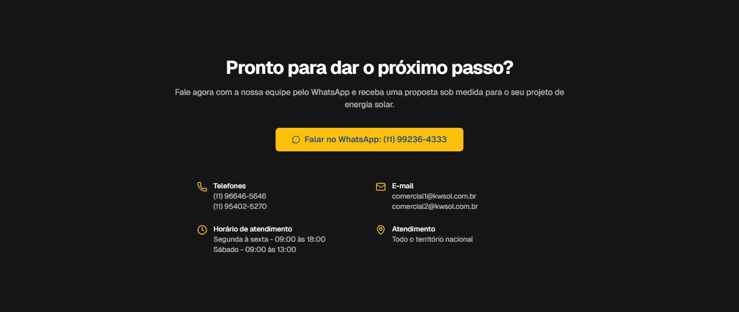 Seção Footer e contato do site novo da KWSol
