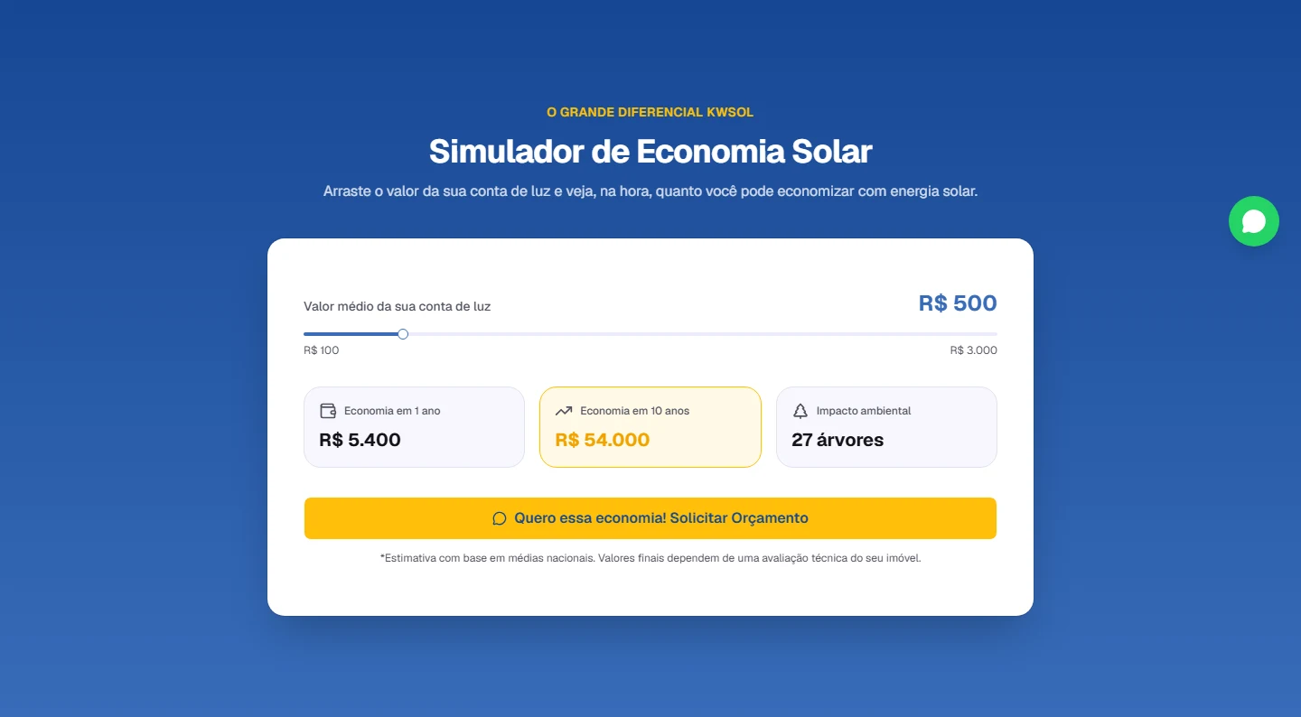 Simulador de Economia Solar do site novo, com slider do valor da conta de luz e resultado em tempo real