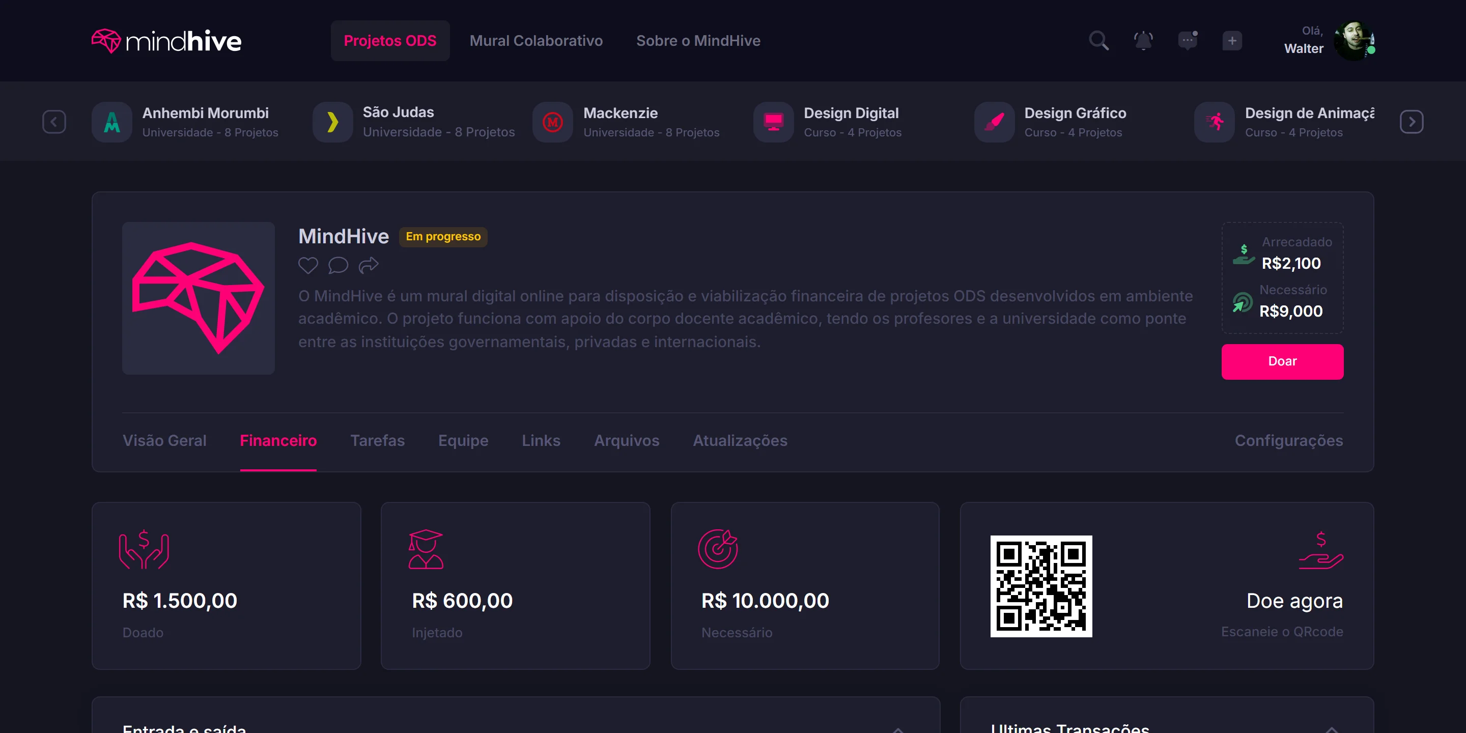 Aba Financeiro de um projeto no MindHive, com valores, QR code de doação e transações