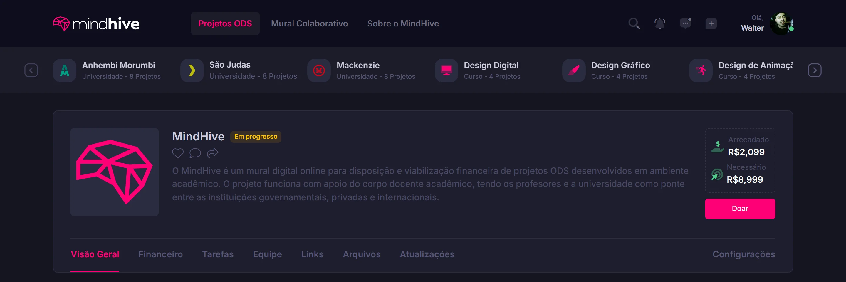 Página de detalhe de um projeto no MindHive, com abas e ficha acadêmica