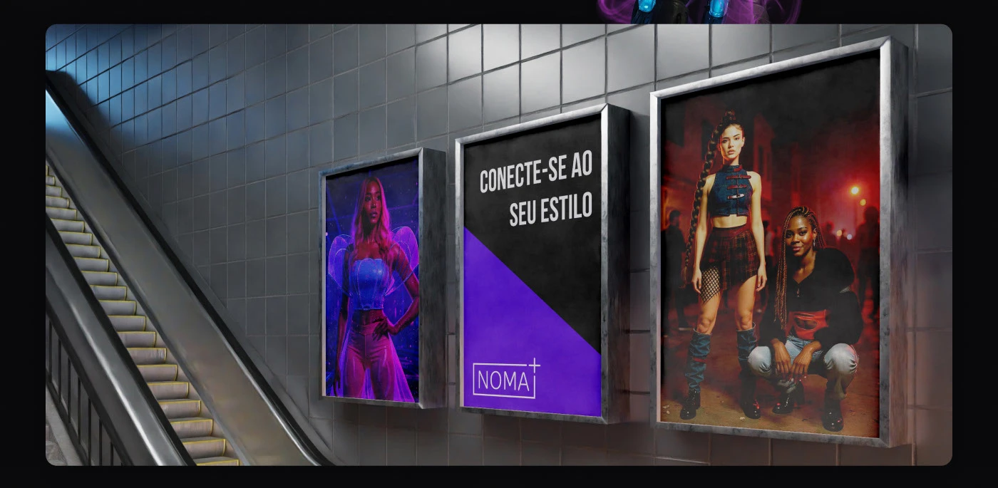 Outdoors retroiluminados num corredor de metrô com o logo da NOMA+ e o texto “Conecte-se ao seu estilo”