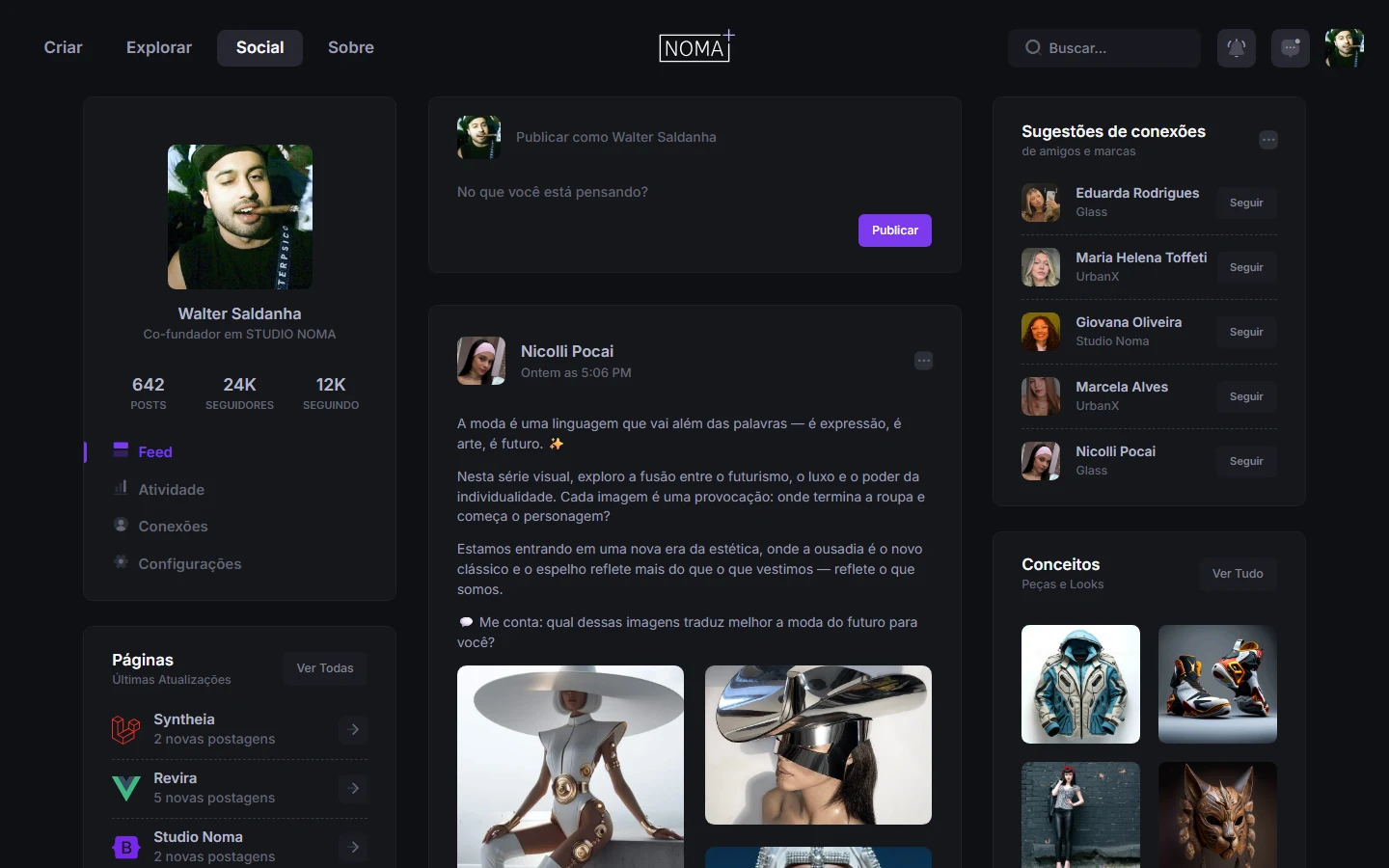 Tela da Rede Social do protótipo da NOMA+, com feed, perfil e conexões