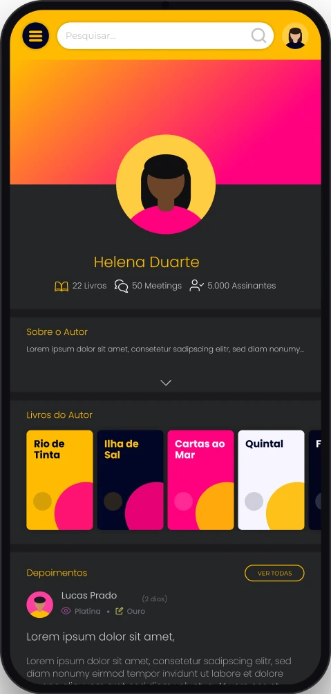 Página de uma autora: foto, livros, sobre e depoimentos