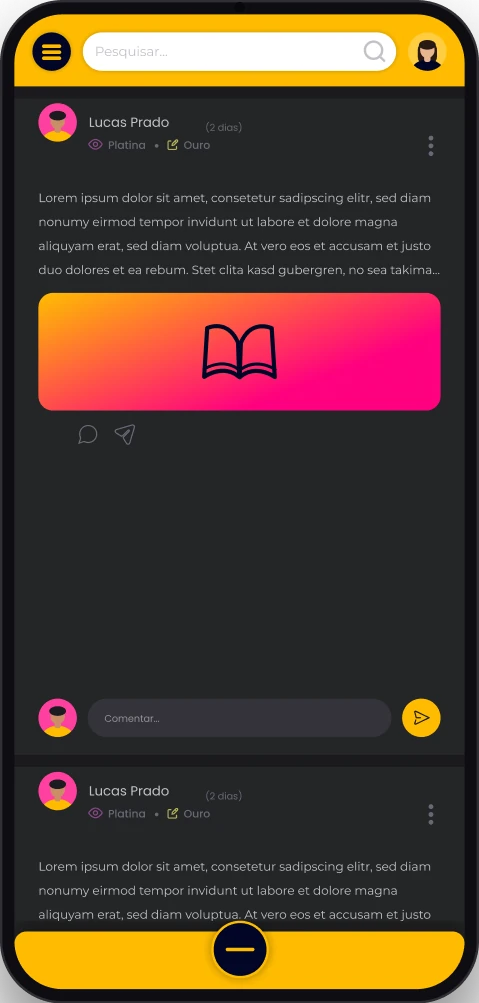 Feed de posts e eventos, com a barra para criar uma publicação