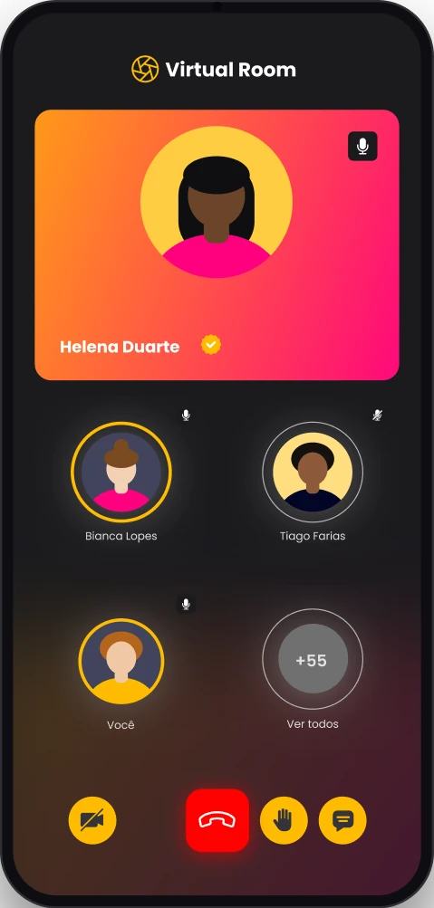 Sala virtual com o vídeo da anfitriã, os participantes e os botões de controle